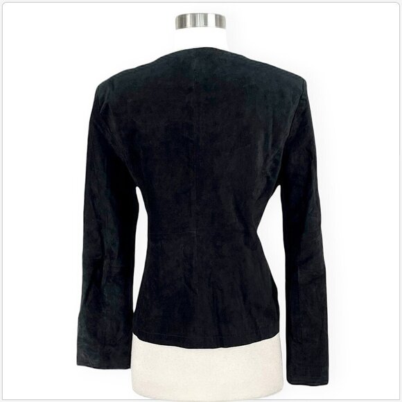 Tribal Brand Vintage Black 100% Suede Leather Ruffle Zip Front Fitted Jacket 8 - Picture 2 of 4
